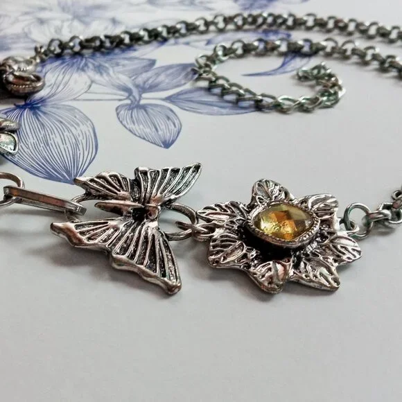 💙🌸🦋Chunky Crystal Rhinestone Heart Flowers Butterfly Statement Necklace🦋🌸💙 - Picture 10 of 12